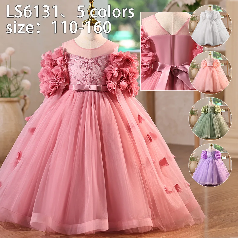 

Платье с цветочной шалью для девочек, платье принцессы, многослойное сетчатое платье для маленькой девочки, банкетное платье на день рождения