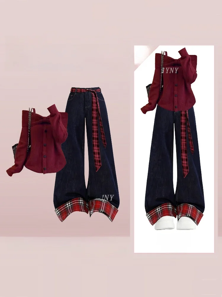 

Комплект в стиле ретро-колледж: женский джинсовый костюм с открытыми плечами и широкими брюками, премиум-класс, осенне-зимняя мода