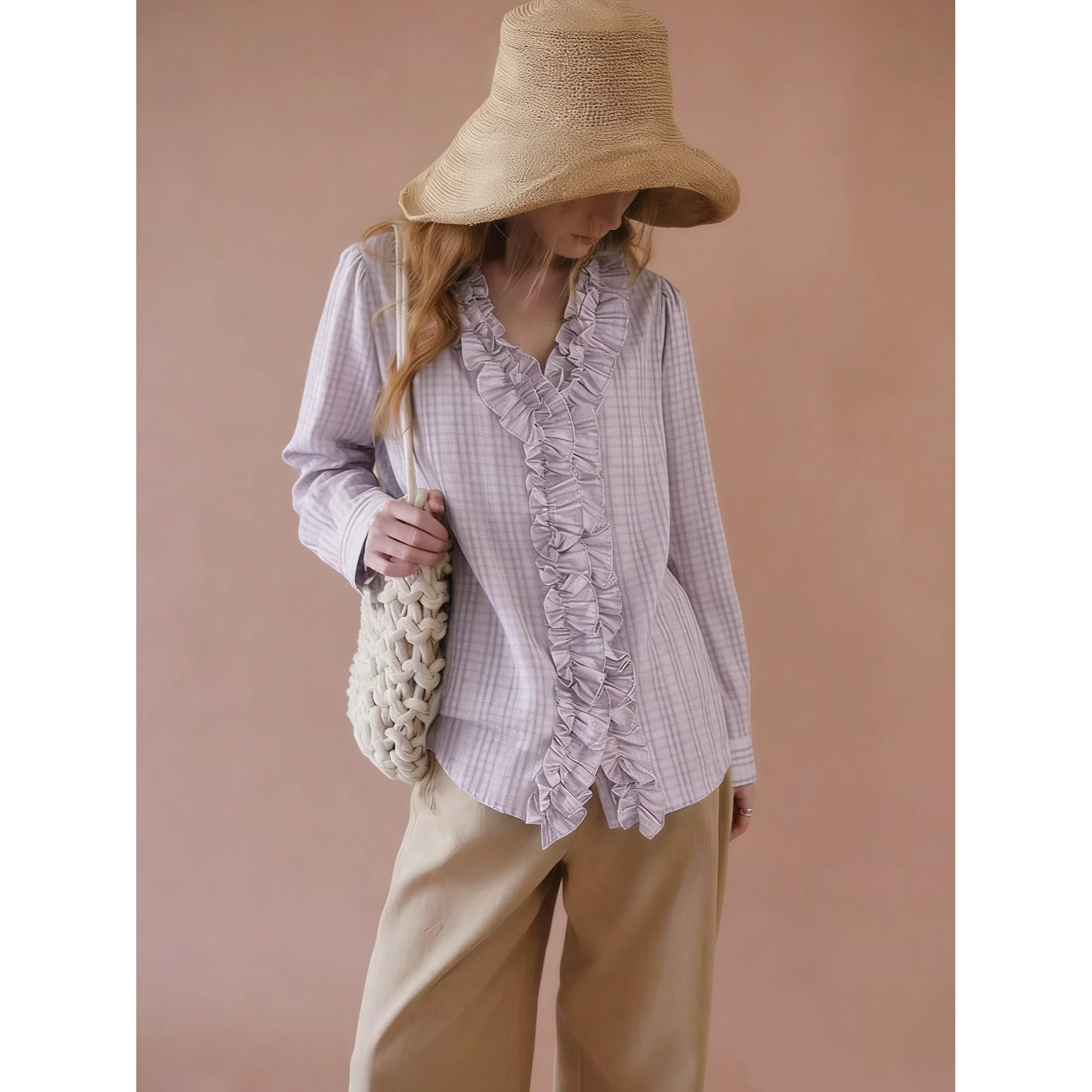 

LZoo Gentle Wood Grain Ruffle V-Neck Plaid Texture Versatile Shirt Women's Loose Fit Cotton Long Sleeve Shirt Spring 2026