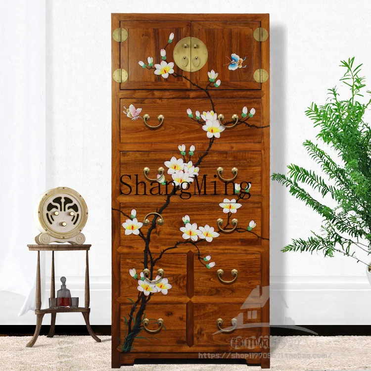 

CL new Chinese style camphor wood hand-painted high solid wood antique lockerside cabinet multi-bucket cabinet furniture