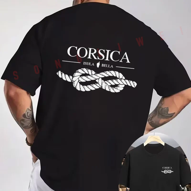 Corsica & Isula Bella Knot Print Motorcycle T-Shirt Double-Sided Print Men's Summer Short Sleeve Round Neck Casual Tops