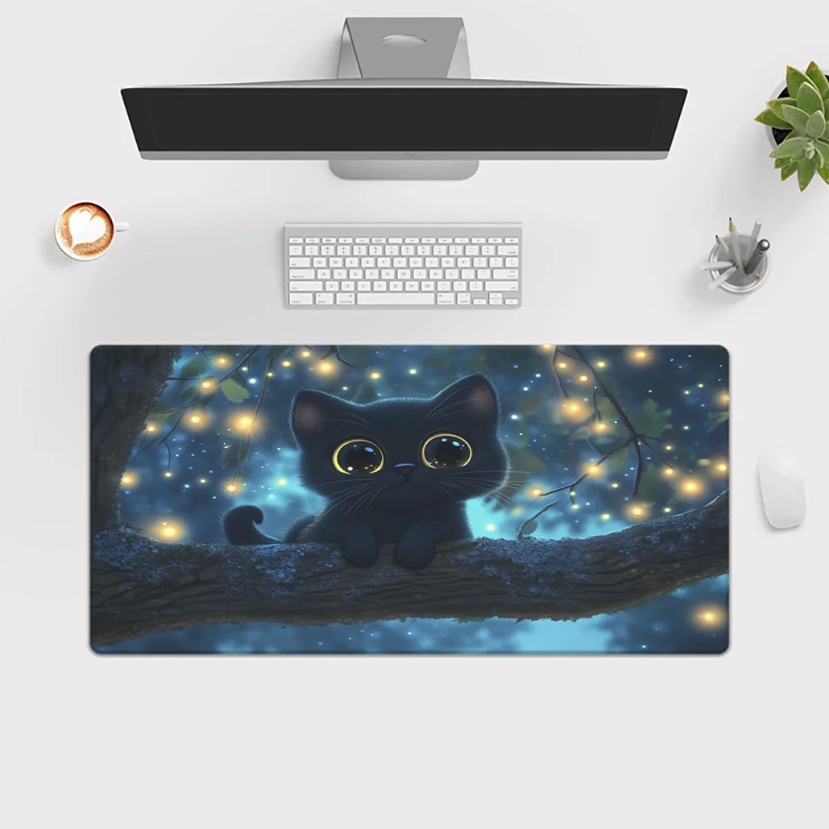 Cute Black Cat Starry Night Extra Large Mouse Pad Durable Rubber Desk Mat for Gaming Office