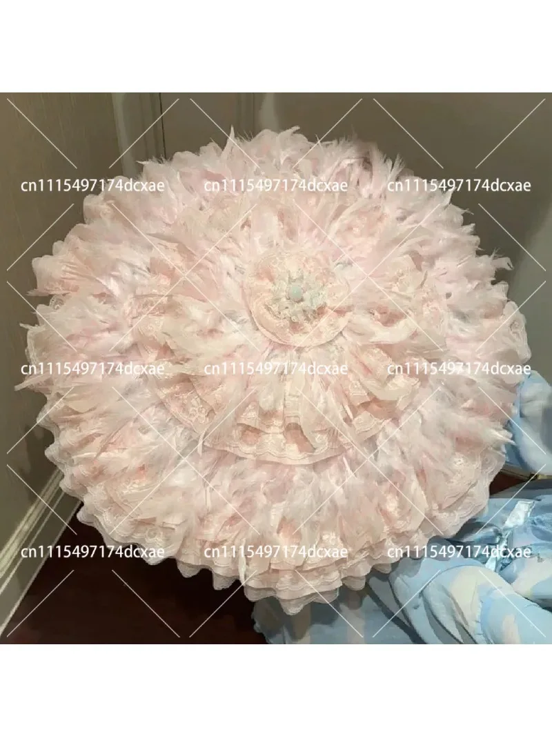 Gothic Lolita Parasol Umbrella with Feathers Lace Trim for Wedding Photography