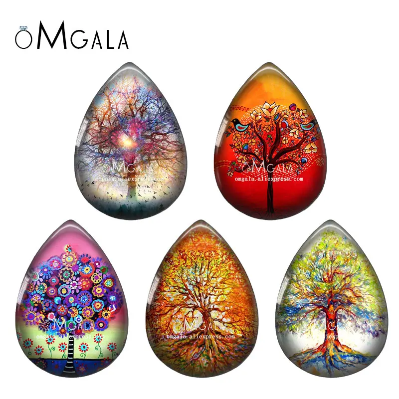 5pairs Colorful Tree of Life Drawing patterns Water Drop Photo Glass cabochon flat back for DIY Earrings Jewelry Making Findings