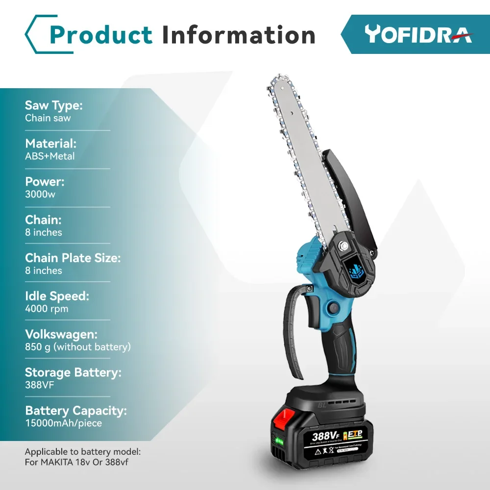 Yofidra 8 Inch Brushless Chain Saw Cordless Handheld Pruning Saw Woodworking Electric Saws Cutting Tool For Makita 18V Battery