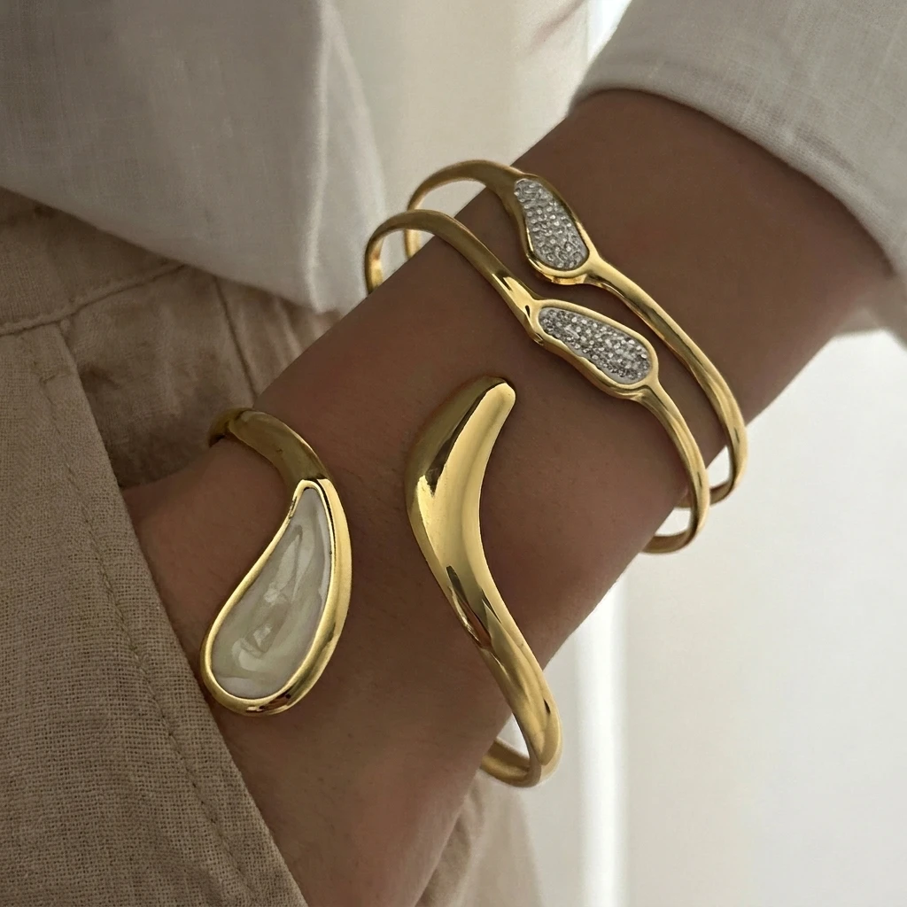 Edelstahl Geometrisches Doppelschichtiges Manschettenarmband für Damen und Herren Trendiges Glänzendes Zirkon-Wassertropfen Offener Armreif Wasserdichter Schmuck – Detail 1