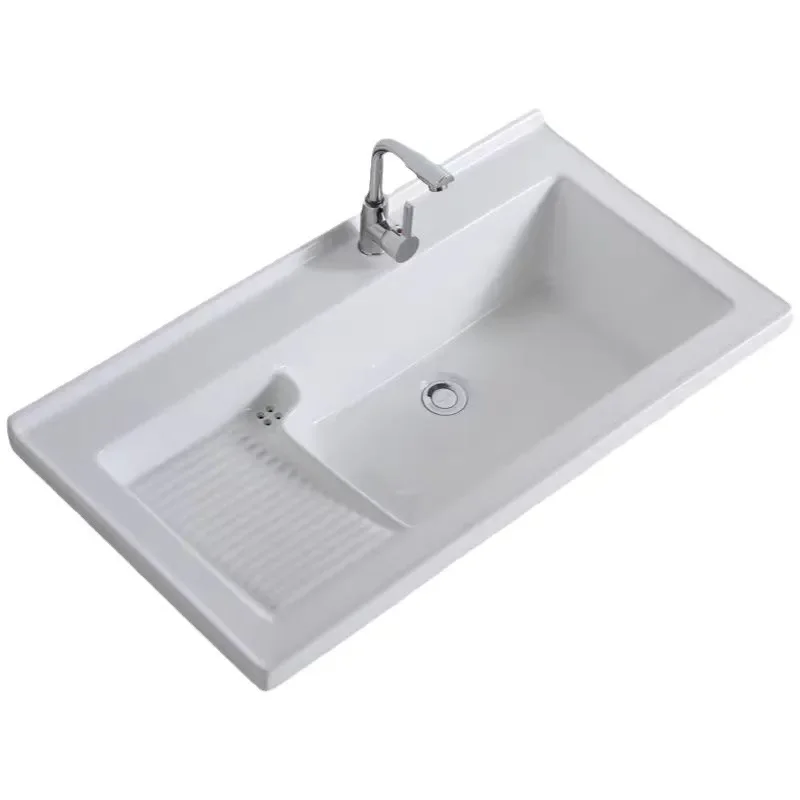 Semi-recessed Ceramic Laundry Sink with Washboard Integrated Bathroom Balcony Cabinet Single Basin Utility Washing Station