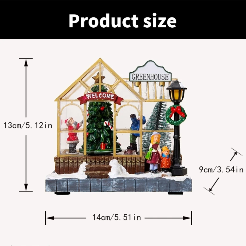 Christmas Musical Light Up Village House Resin Ornament with LED Light Rotating Tree Figurines Holiday Table Decoration