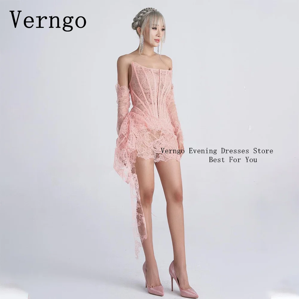 Verngo-vestido de fiesta corto de encaje rosa para mujer, sin tirantes drapeado vestido de fiesta, vestido elegante de una línea para ocasiones formales, vestido de Graduación