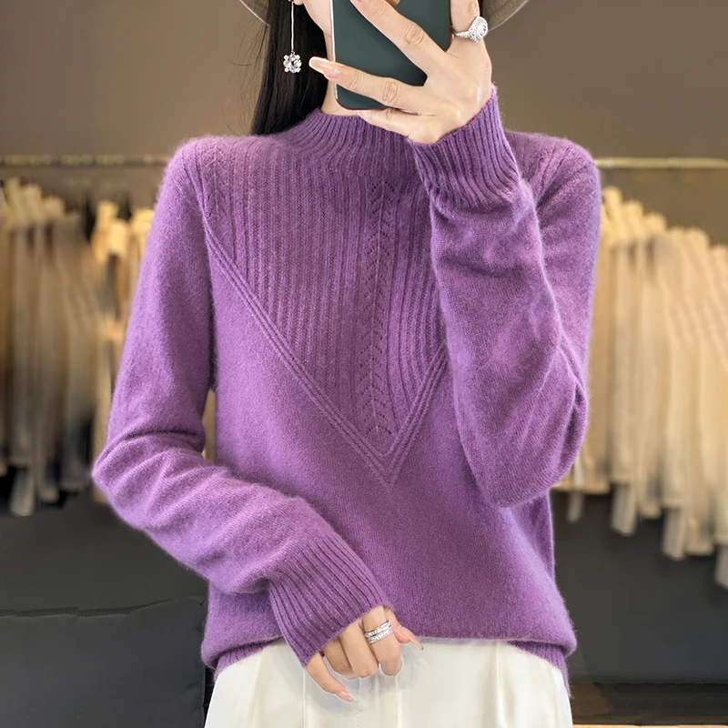

2025 cashmere sweater semi high neck women's sweater autumn and winter warm pullover knitted women's cashmere sweater pullover
