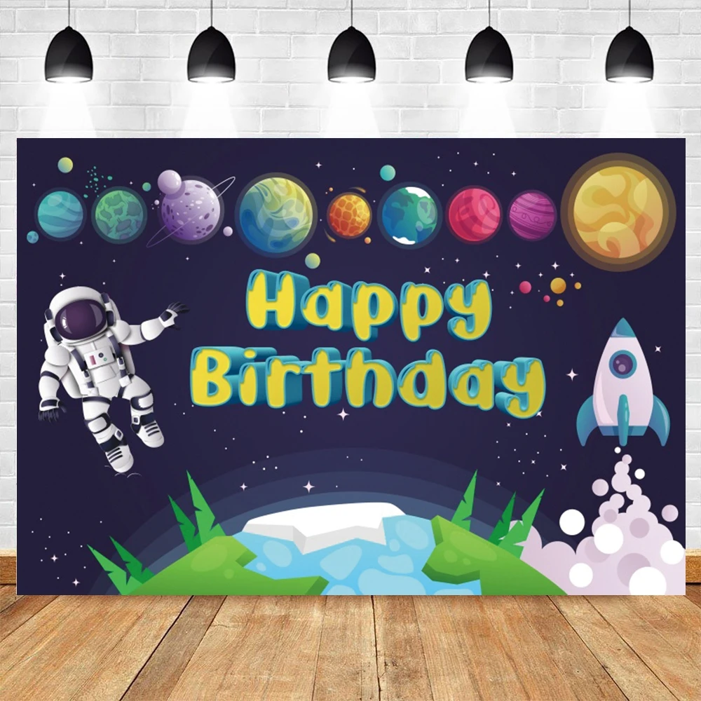 Cartoon Space Universe Planet Theme Happy Birthday Background Cloth Party Decoration Banner Boy\'s Gift Photography Background