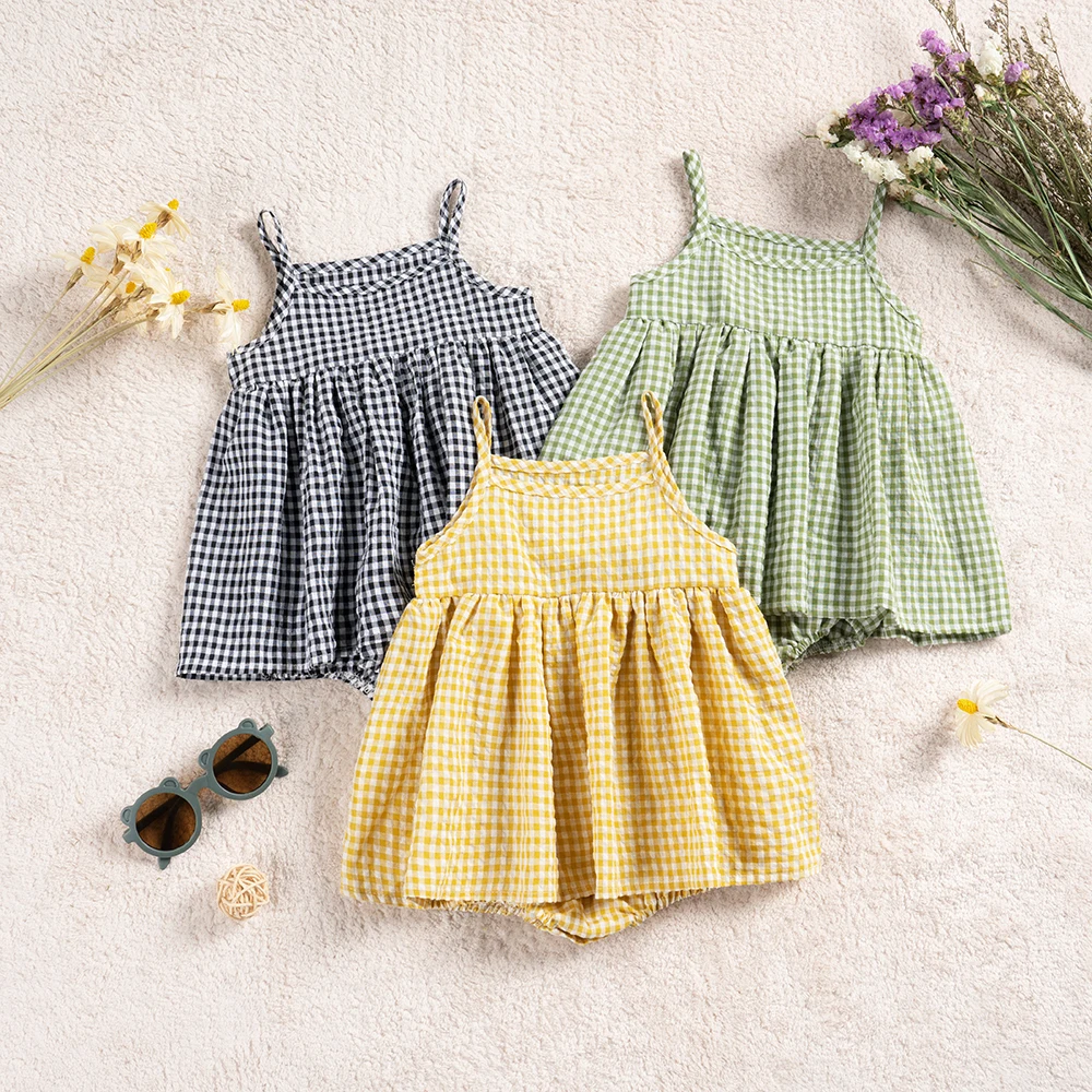 Baby Girls Casual Plaid Sleeveless Cotton Cami Onesie Dress Clothes For Summer