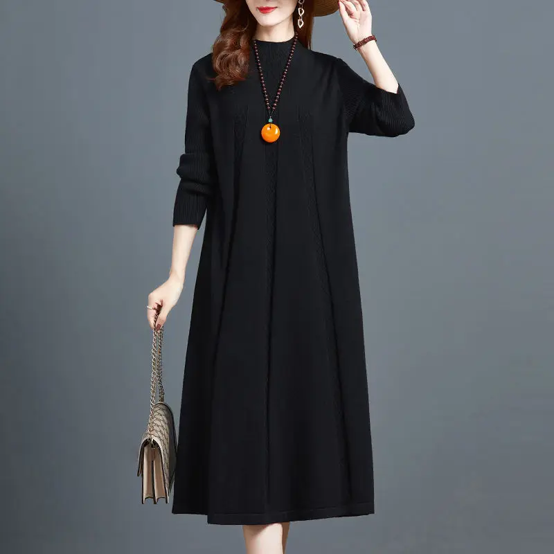 Herbst Winter Frauen Grundlegende Gestrickte Kleider Elegante Hälfte Rollkragen Solide Lange Hülse Lose Pullover Lange Kleid Weibliche Basis Shirt