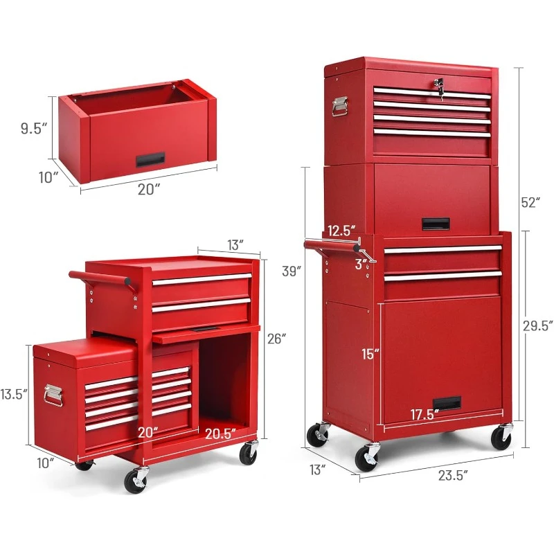 Rolling Tool Chest - Removable Top Box Large Bottom Cabinet with Casters and Lock System Tool-Box - Heighten 6-Drawer Red