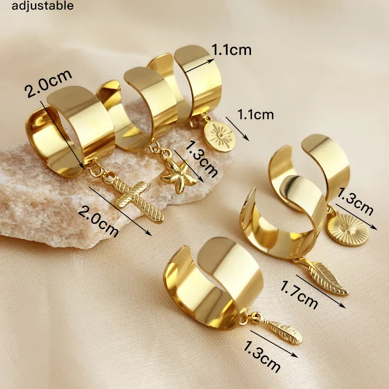 Neue Punk Gold Farbe Edelstahl Geometrische Ringe Für Frauen Unisex Feder Seestern Kreuz Anhänger Breiten Ring Partei Schmuck – Detail 3