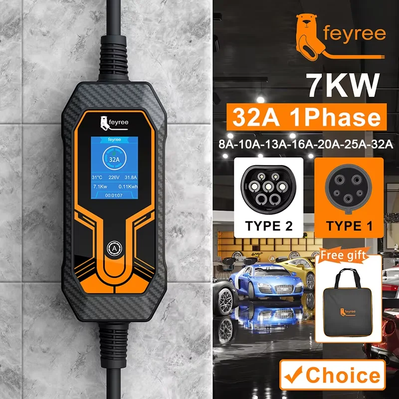 Feyree-cargador portátil EV Wallbox Type2, Cable 32A, 7KW, con enchufe CEE, caja de carga EVSE Type1, adaptador j1772 para vehículo eléctrico