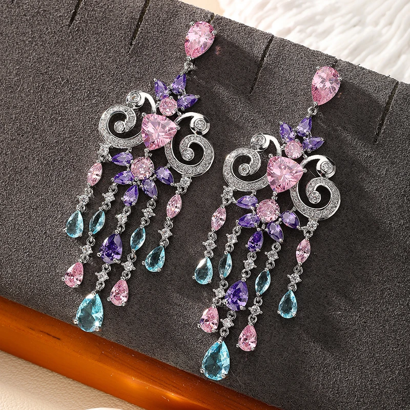 

Beautiful Multicolor Water Drop Zircon Tassel Earrings High Quality Women Wedding Jewelry Gift Dubai Party Luxury Bride Earrings