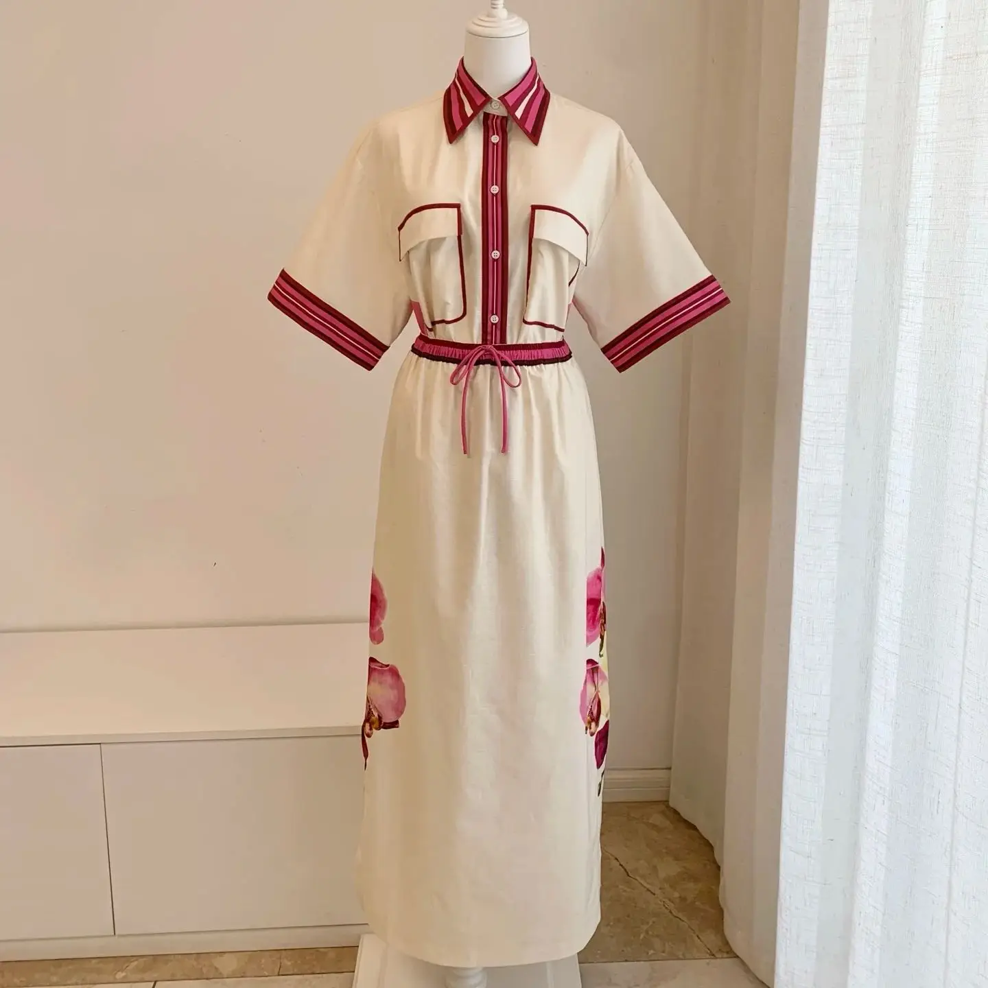 

Женский модный комплект из хлопково-льняной ткани: рубашка с коротким рукавом + юбка миди с высокой талией и шнуровкой