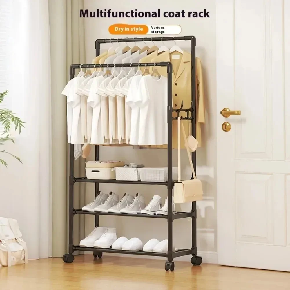 Floor Standing Double Pole Clothes Hanger Mobile with Wheels Shoe and Hat Integrated Clothes Hanger for Storing Hats and Clothes