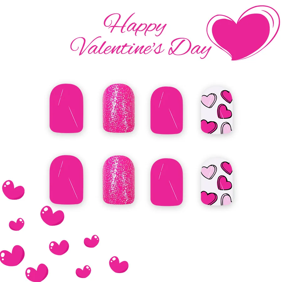 24 Pcs Short Square Fake Nails 2025 New Valentine's Day Acrylic Nails Press Ons with Glue Rose Heart Glitter False Nails Tips