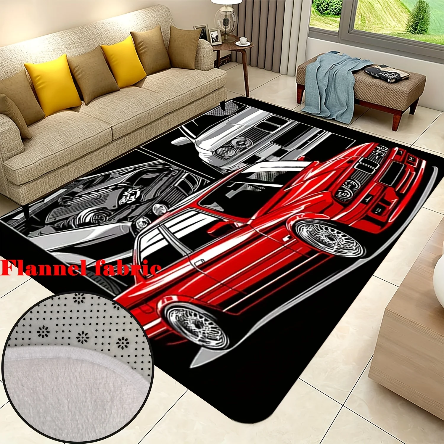 Cool sports car graffiti theme Flannel-printed floor mats are slip-resistant Suitable living room bedroom terrace garden carpets