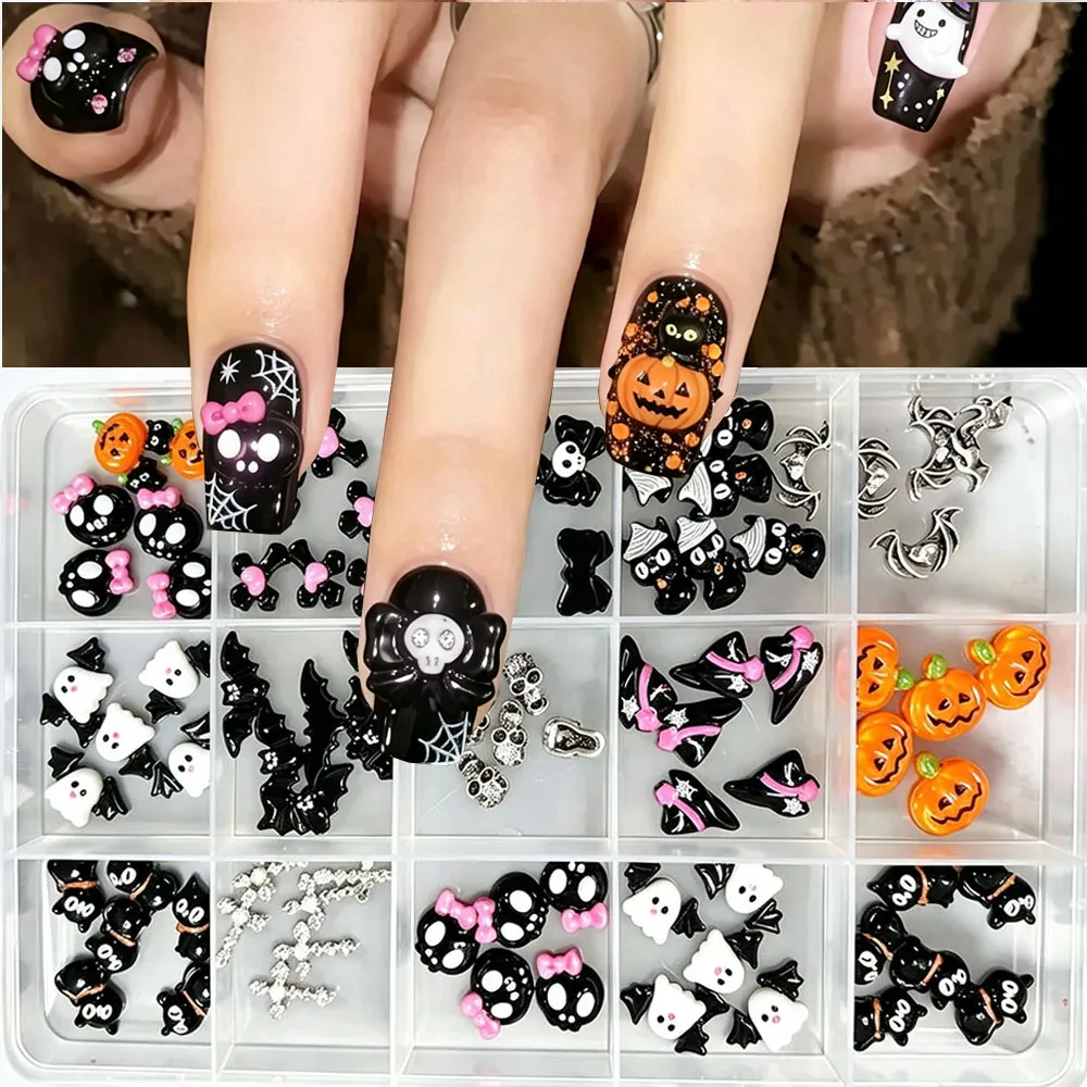 15grids Halloween 3D Resin Nail Charms Mixed Cartoon Pink Bow Ghost Bat Pumpkin Skull Nail Decor DIY Sweet Cool Manicure Supplie