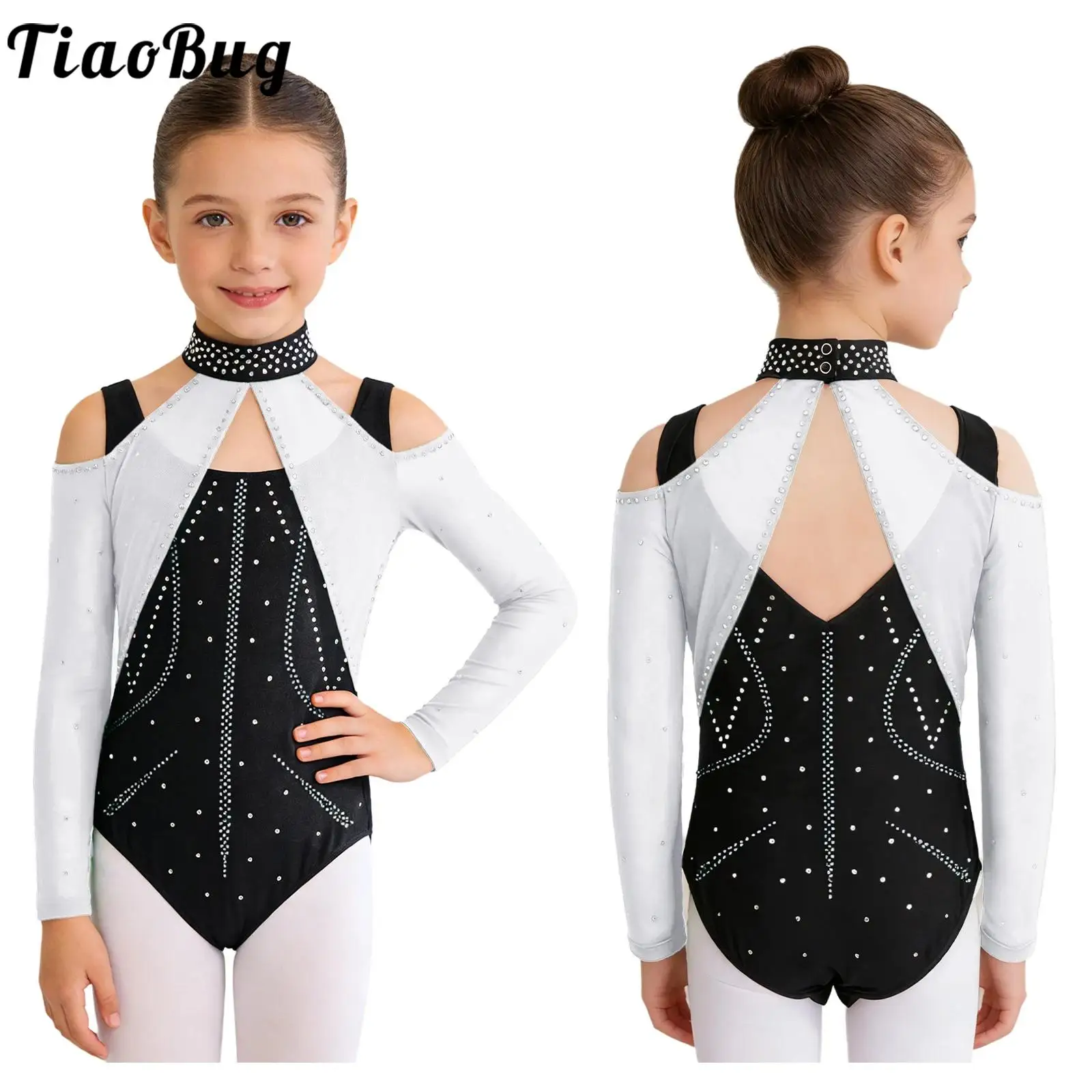 

Kids Girls Jersey Leotards Rhythmic Gymnastics Figure Skating Ballet Performance Rhinestones Cutout Mesh Bodysuit Stage Costumes