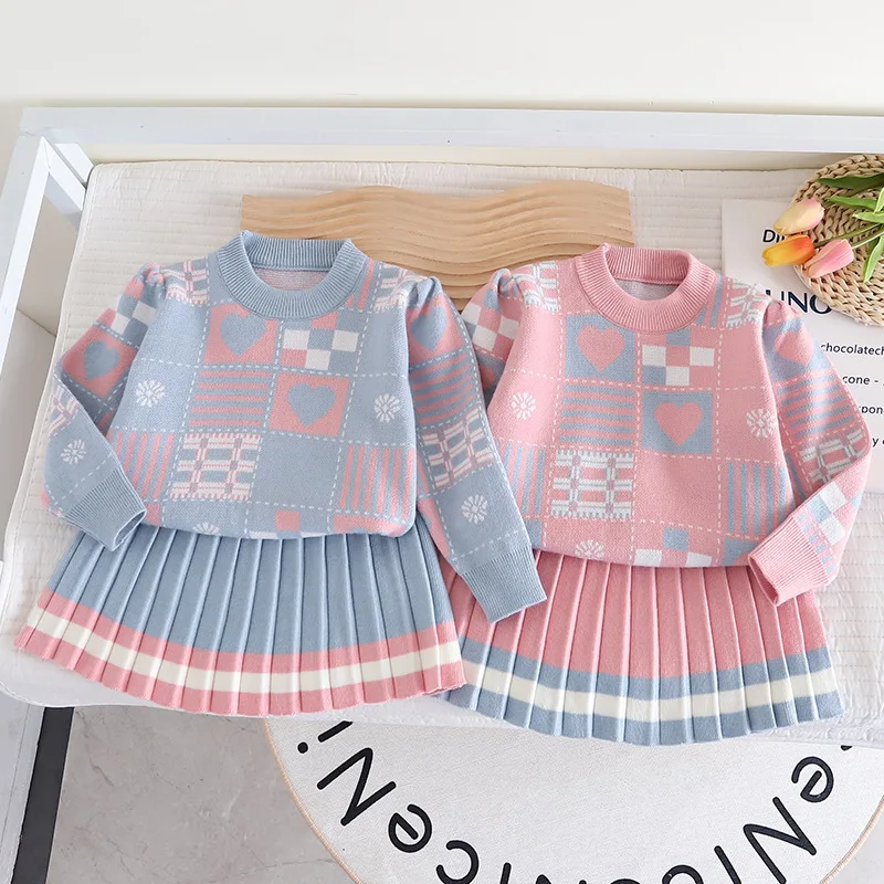 

Girls Clothing Sets Dress Spring Autumn 2023 Children Knitted Woolen Sweaters Skirts 2pcs Party Suit for Baby Girl 5 Year Outfit