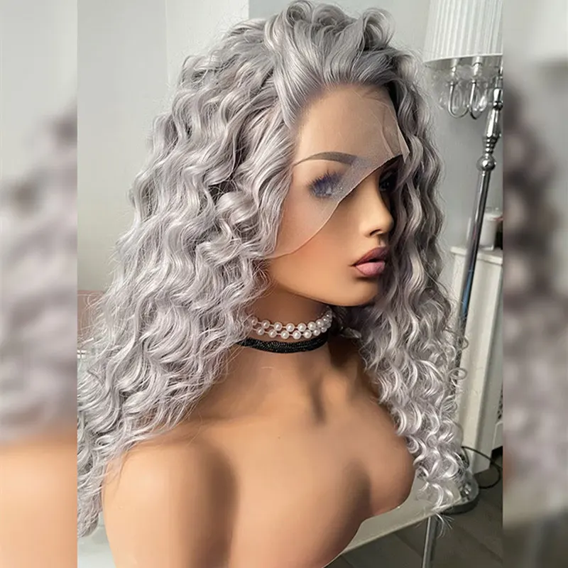 Bombshell Silver Grey Loose Curly Synthetic Lace Front Wigs Glueless High Quality Heat Resistant Fiber Hair For Fashion Women