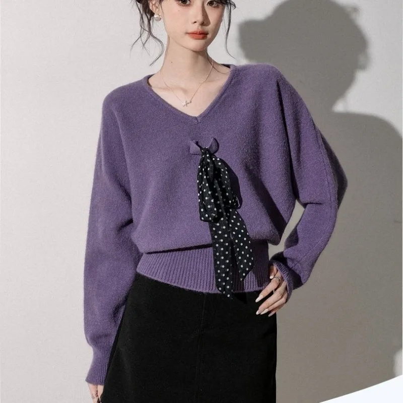 Women's Autumn Winter Graceful Dot Tie Sweater New Lady Fashion V-Neck Long Sleeve Knit Pullover Tops Trendy Knitwear Female