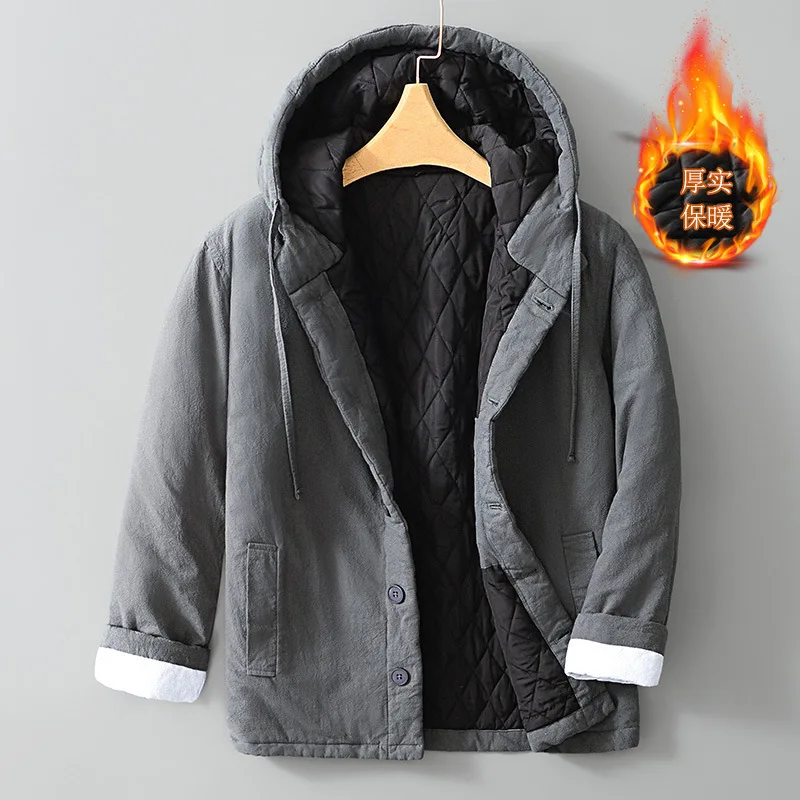 Japanese Style Men's Thick Warm Hooded Padded Jacket Winter Vintage Solid Loose Versatile Wadded Jacket Male Outwear Clothing