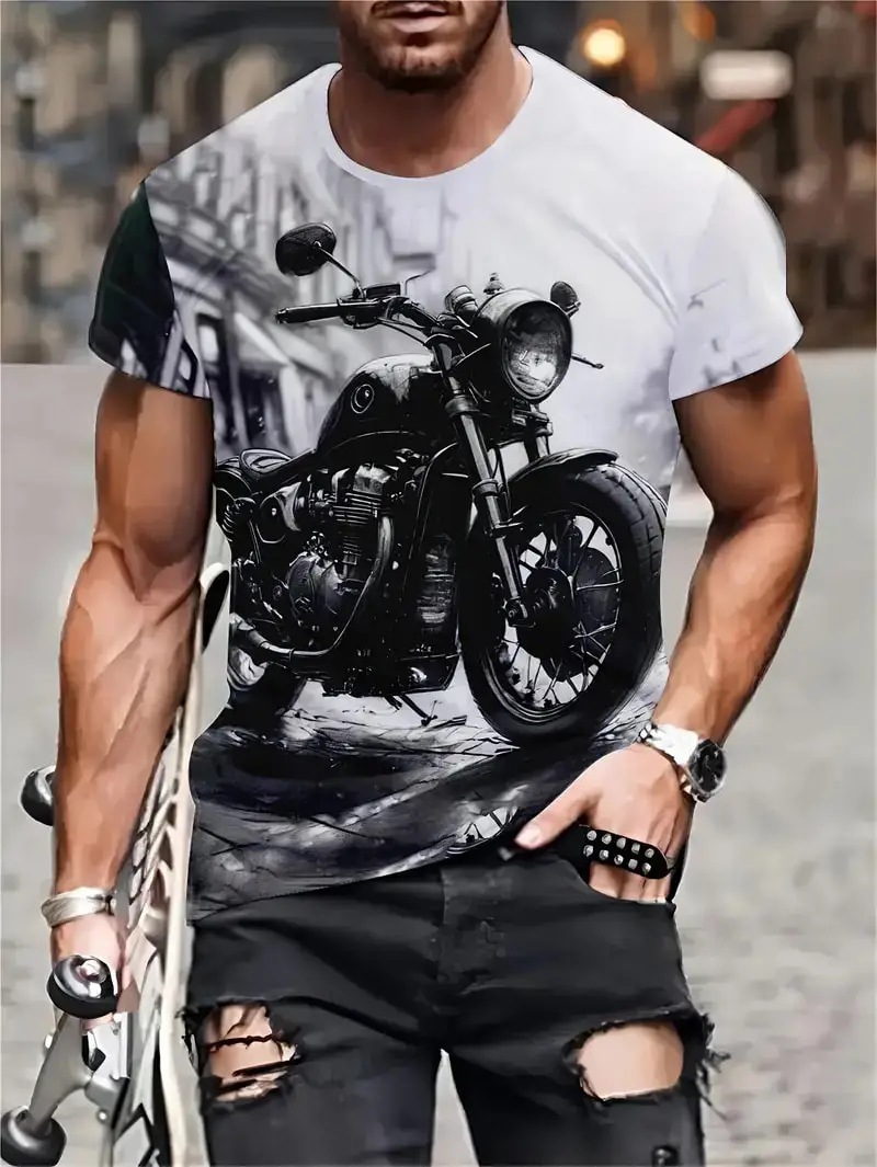 2024 New Motorcycle Graphic T-shirt Fashion Men's Vintage 3D Print Short Sleeve Crew Neck Tee Top Oversized Street Trend T shirt