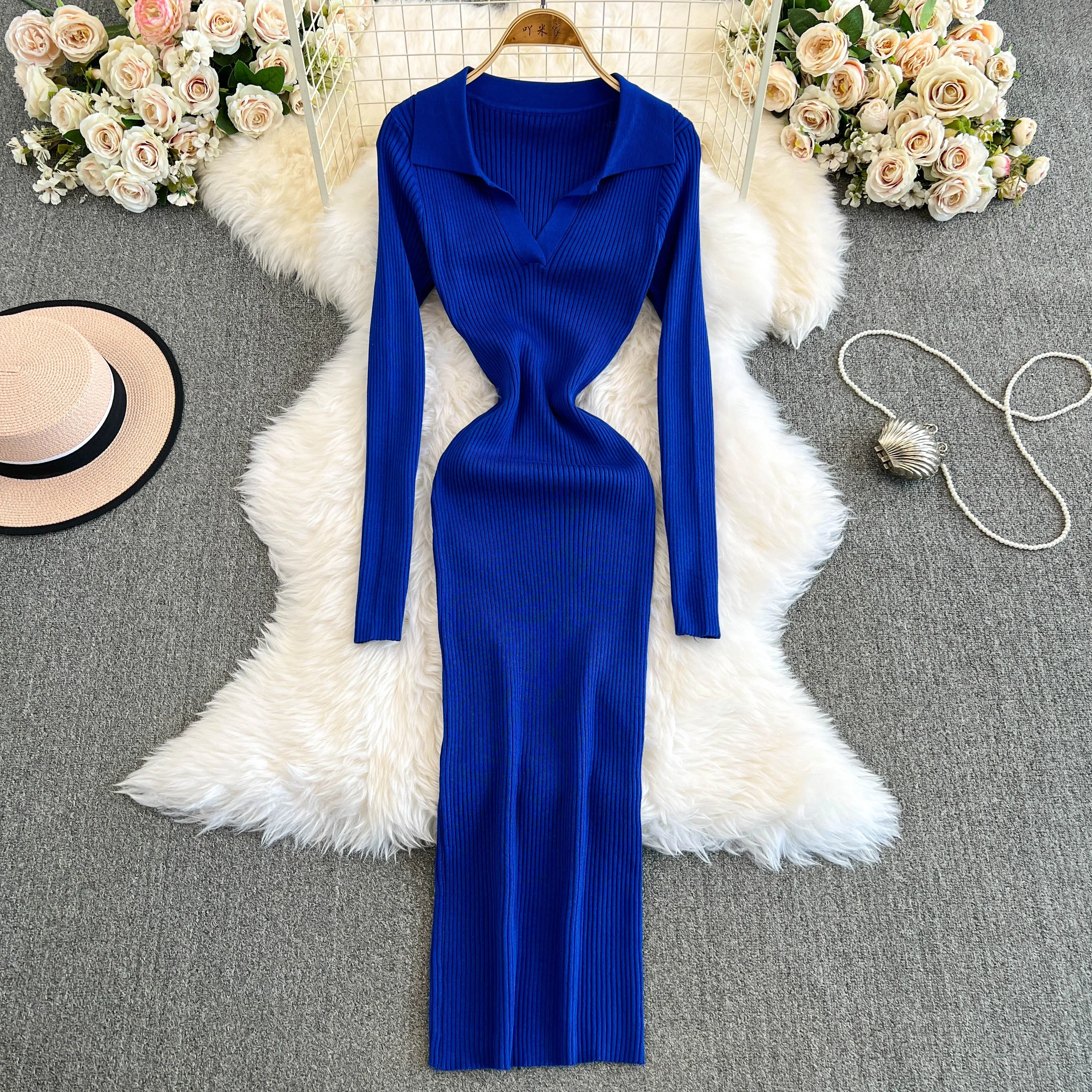 Retro v neck knit Autumn Winter Elegant summer  Dress A-line lool Sleeve Vacation basics Women Vestidos dresses