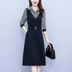 Mid Length Striped Patchwork for Autumn and Winter Women's POLO Collar Button Pocket with Waist Closure Long Sleeved Dresses