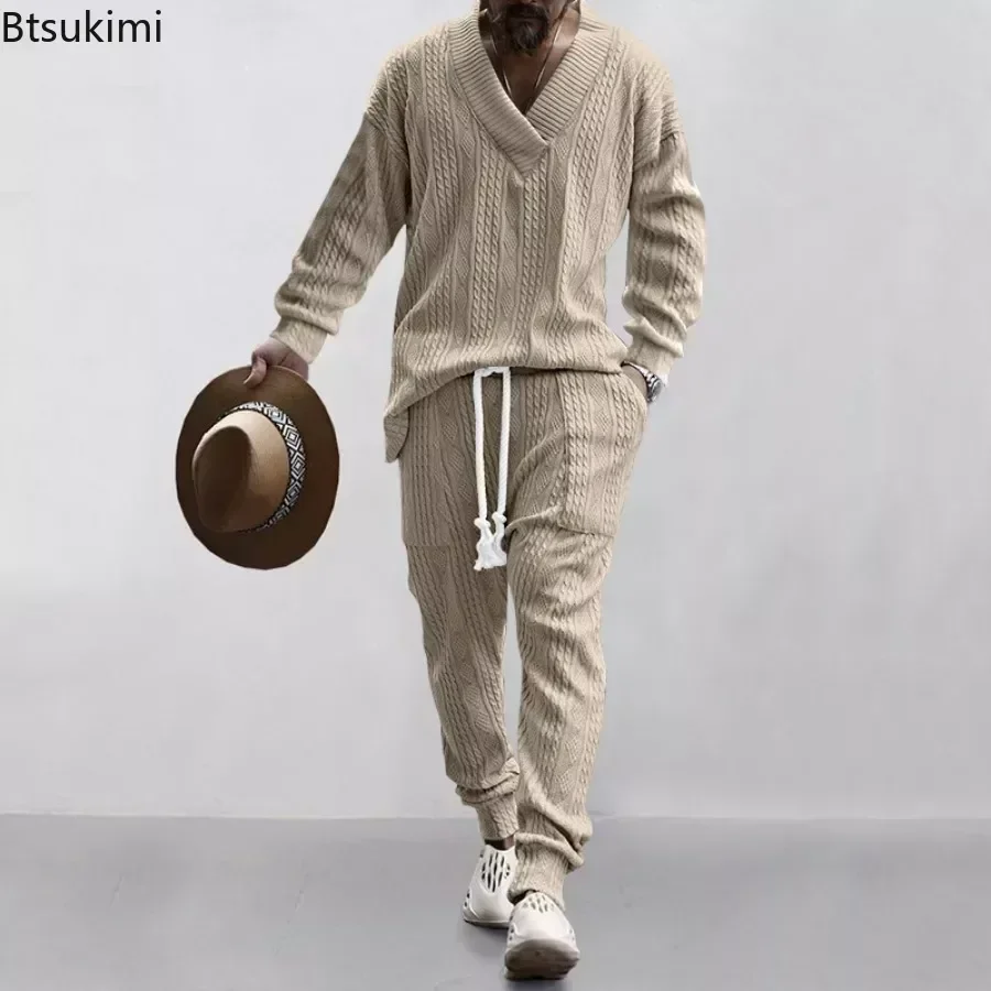 2025 Men's Knitted Suit Sets Long Sleeve V-neck Shirts and Drawstring Pants Sets Pockets Tracksuit Men's Solid Knitted 2PCS Sets