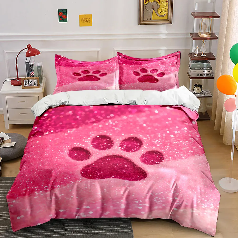 Sparkling Pink Paw Print Decor Bedding Set with 1 Duvet Cover 2 Pillowcases Single Double King Queen, Gift