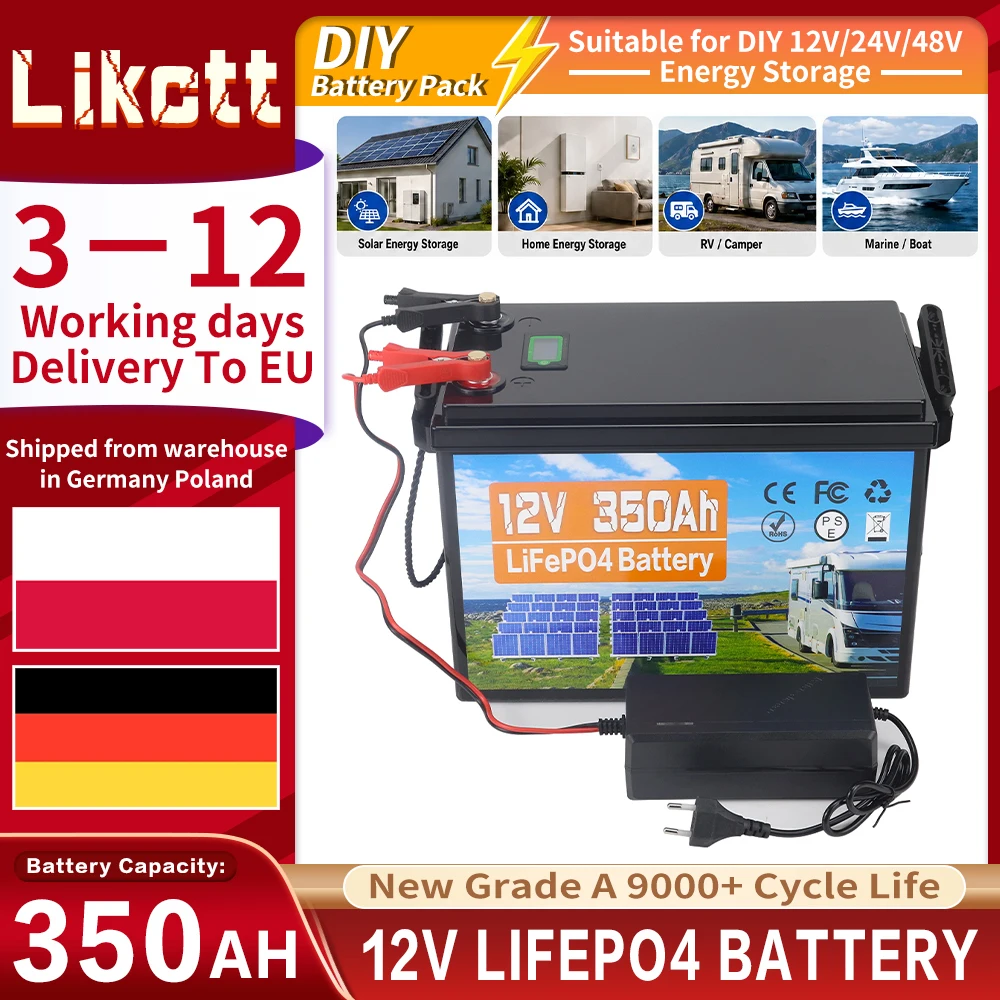 EU-Lagerbestand, Klasse A, 12V 350Ah LiFePO4-Batteriepack, 12,8V wiederaufladbare Zellen, DIY 12V 24V 36V 48V für Wohnmobil, Boot, Solar, Camping