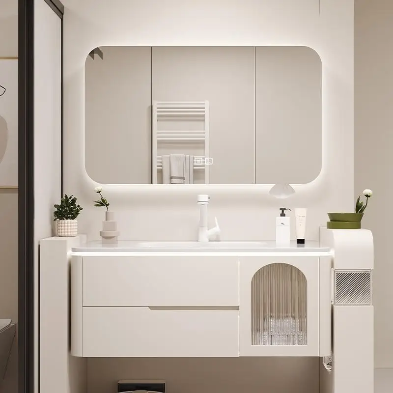 

Керамическая раковина со скругленными углами, комбинированный шкаф для ванной комнаты в кремовом стиле, тумба под умывальник из лакированного дуба, устойчивая к царапинам.