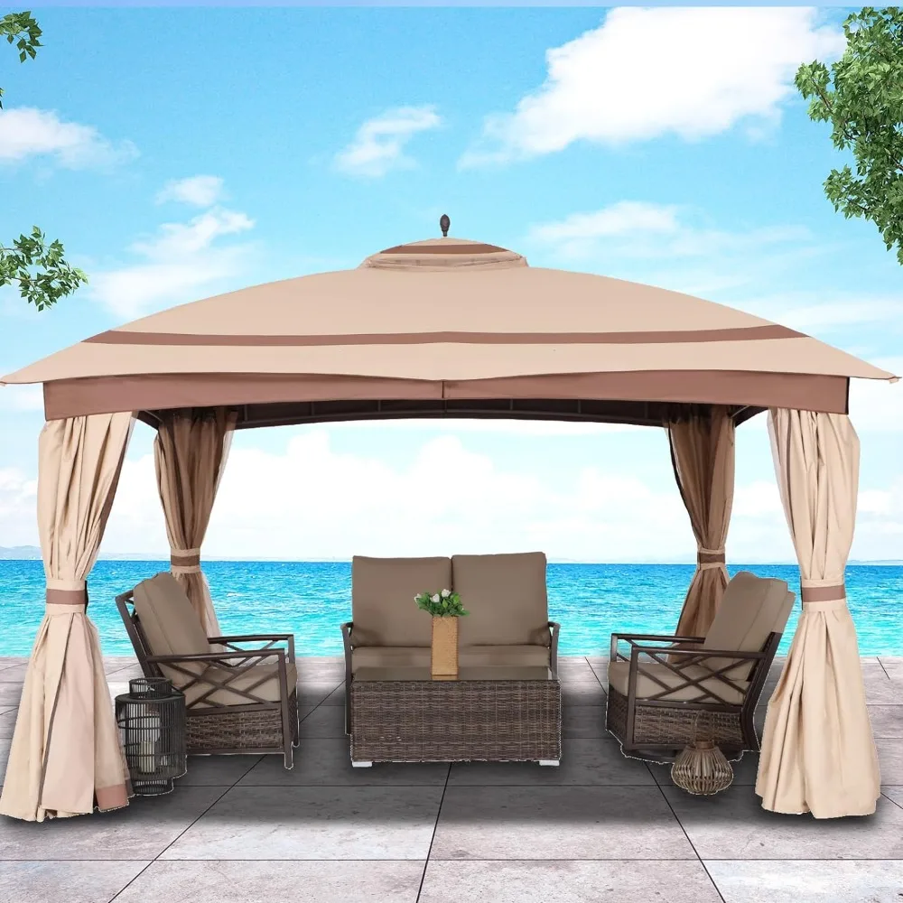 

11x13 terrace pavilion with curtains, mesh and sandbags, double layered roof with round leg canopy, suitable for backyard