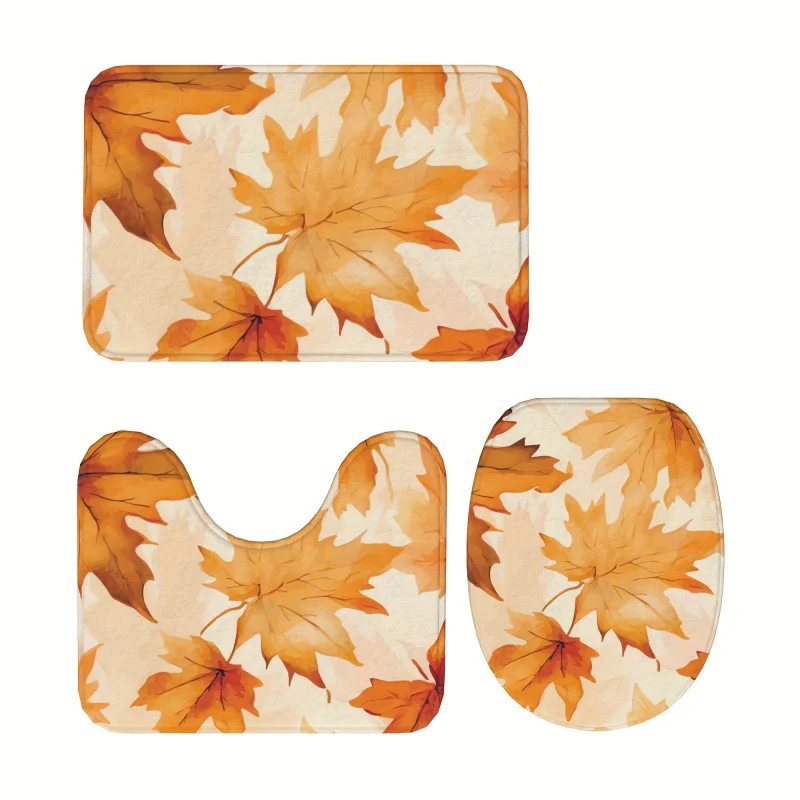 Maple Leaf Pattern 3-Piece Soft Bath Mat Set - Water Absorbent, Non-Slip Bathroom Rug Combo with U-Shaped Contour Rug, Lid Cover