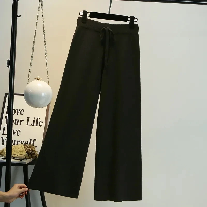 

Knitted Wide-Leg Trousers Female's Autumn Winter High-Waisted Thick Loose Nine-Minute Pants With Casual Pants Clothes For Women