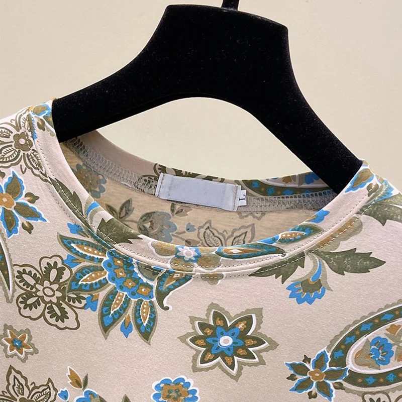 Beige Grau Blumendruck Vintage O-Ausschnitt Kurzarm T-Shirt Damen Bluse Shirt Damen Kleidung Tops Mode Blusen Sommer