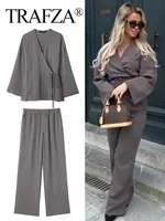 TRAFZA Women Vintage Solid Blouse Pant Suit Long Sleeve V Neck Lace Up Shirt Elastic Waist Casual Trouser Pajama Style Sets