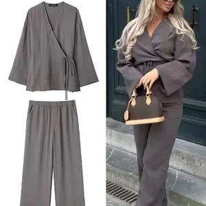 TRAFZA-المرأة خمر أحادية اللون بلوزة طويلة الأكمام الخامس الرقبة الدانتيل قميص مرن الخصر عارضة السراويل بيجامة نمط مجموعات أفضل 12 مجموعة اجتماعية للمبيعات والبلوزات - No7