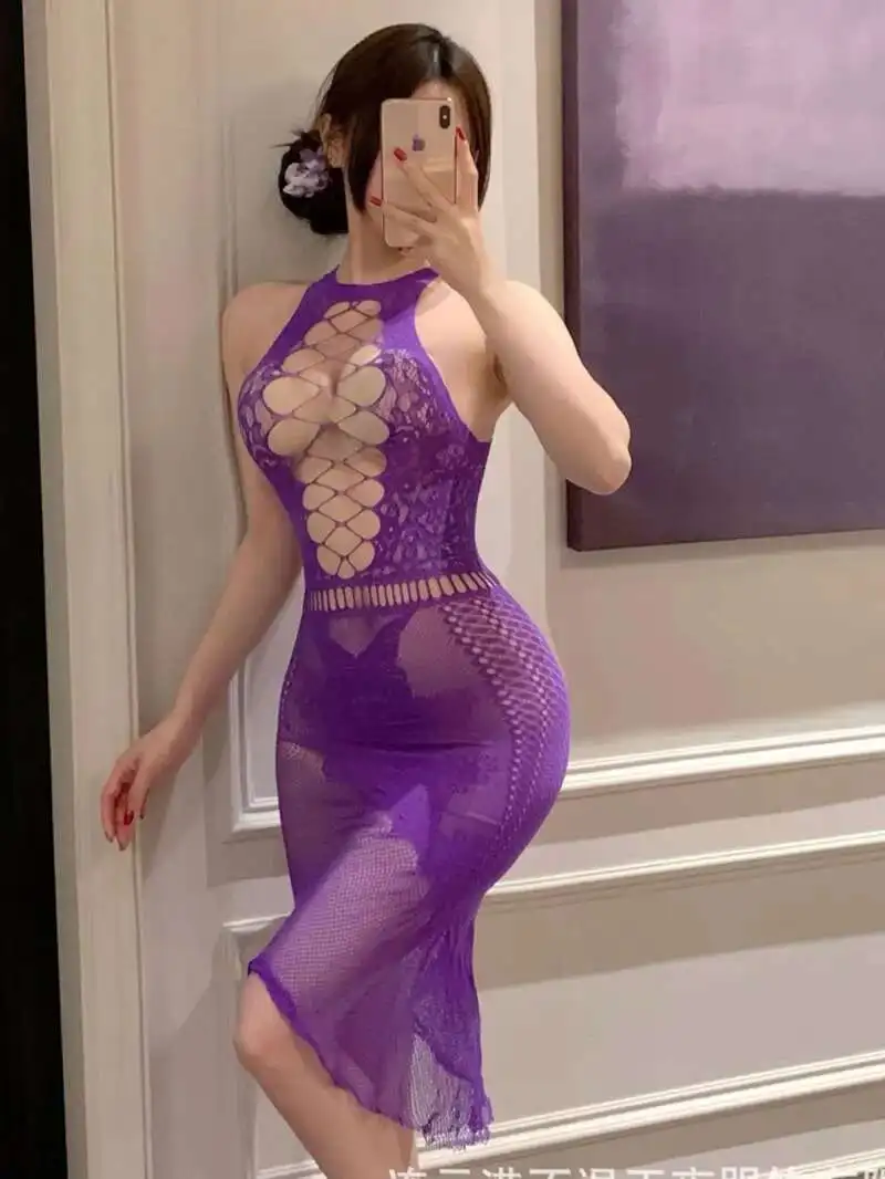 ชุดชั้นในใหม่เซ็กซี่สีม่วง Hollow ตาข่าย Pure ชุดนอนชุดผู้หญิงแน่นเสื้อผ้า Elegant ตาข่ายลูกไม้ Sheer หวานผู้หญิง 9DN0