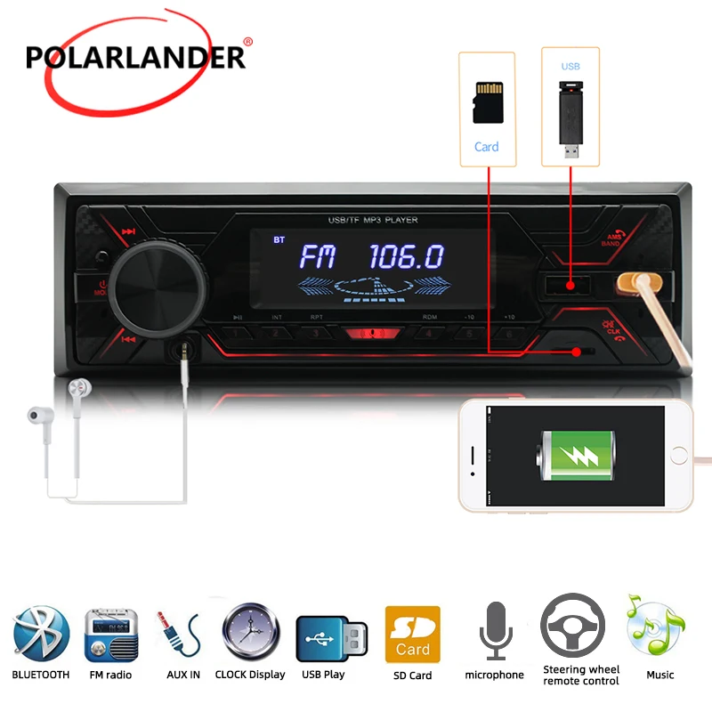 PolarLander 1 Din Car Radio 12V Fast Charging Bluetooth Microphone Hands-free Calls Digital Stereo FM Radio MP3 Player Dual USB