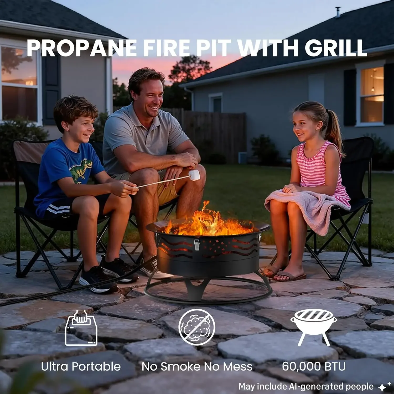 24 Inch Propane Fire Pit, Portable Gas Fire Pit Bowl for Outside, 60,000 BTU Smokeless Outdoor Firepit with Lid & Grill Grate fo