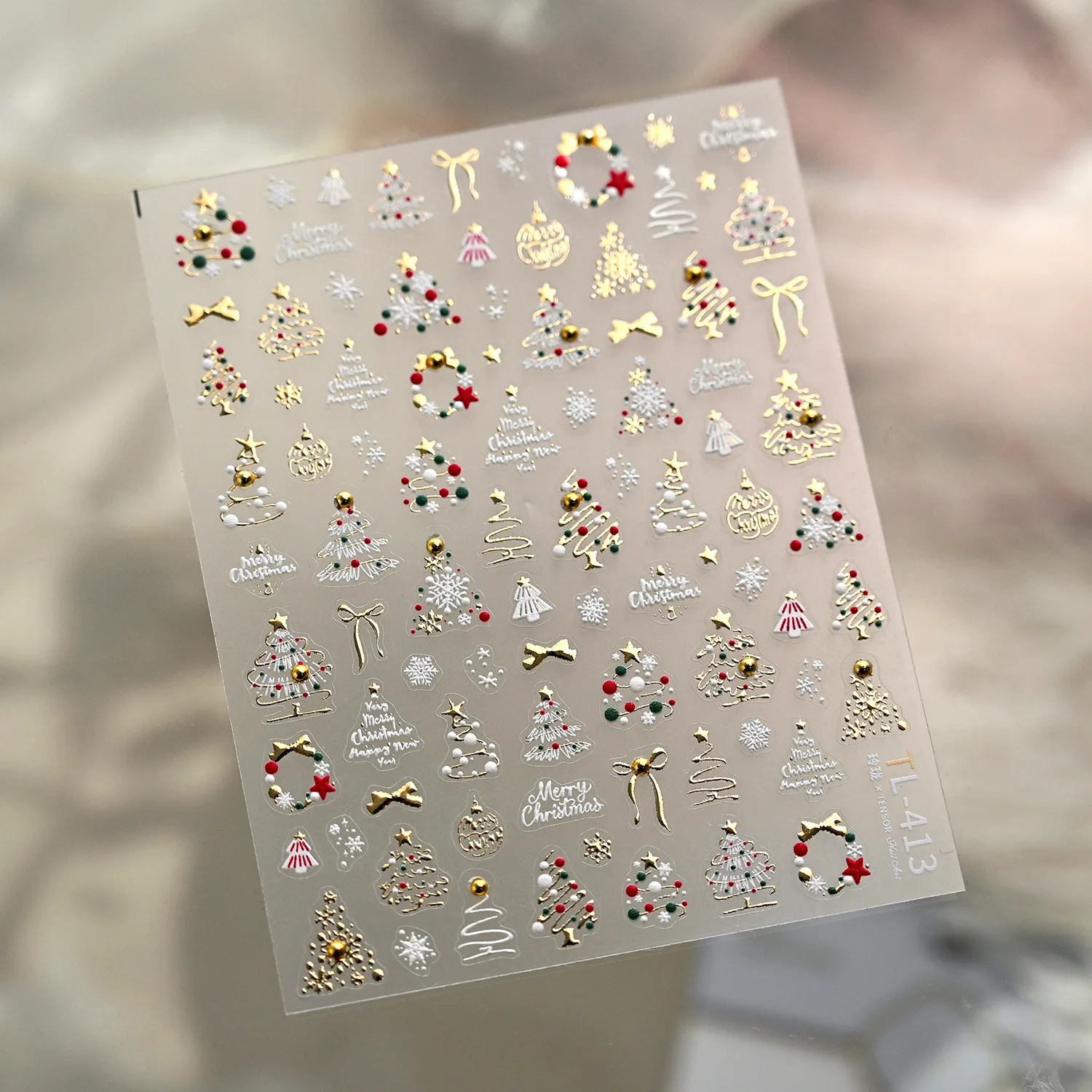 Pegatinas navideñas 3D doradas para decoración de uñas, diseño de lazo de copo de nieve y árbol de Navidad, calcomanías Nai para manicura navideña