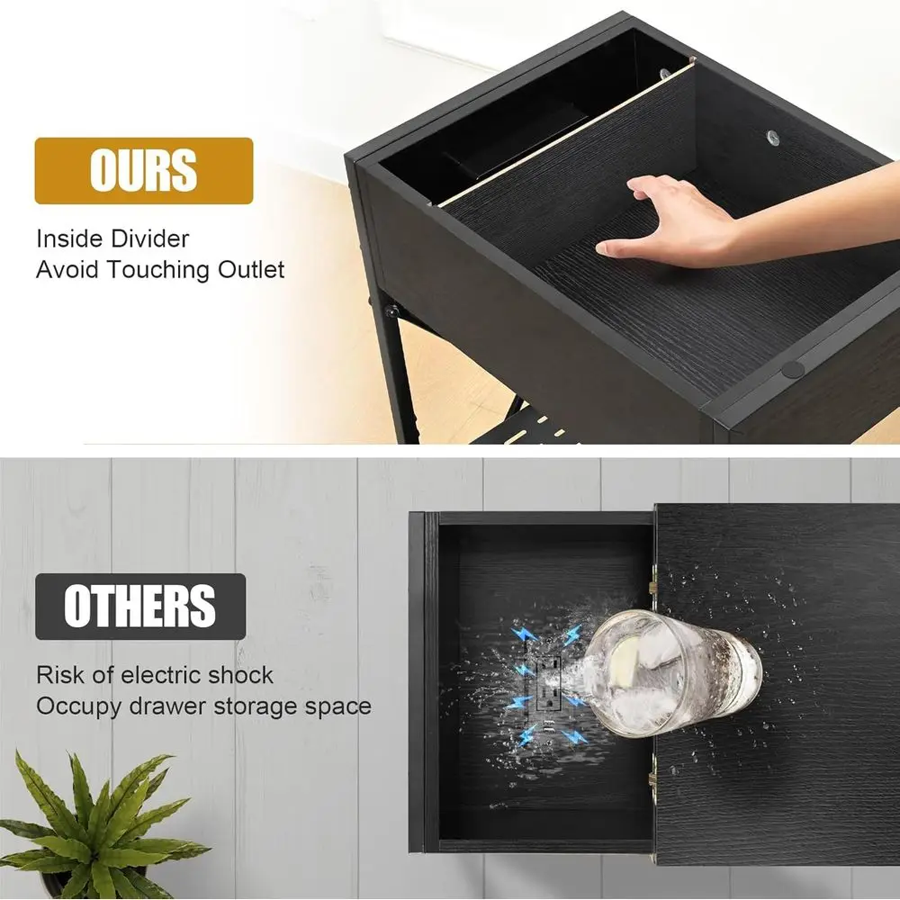 Charging Station End Table, USB & AC Outlet Side Table, Flip Top Storage End Table, Living Room Black Side Tables, Bedroom Drawe
