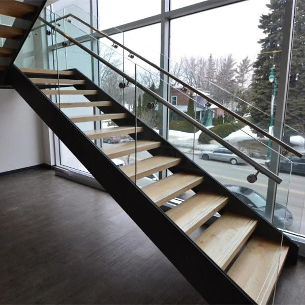 الدرج الحديث درابزين زجاجي مستقيم LED ضوء درابزين خشبي يعالج درج خشب البلوط الأحمر #6